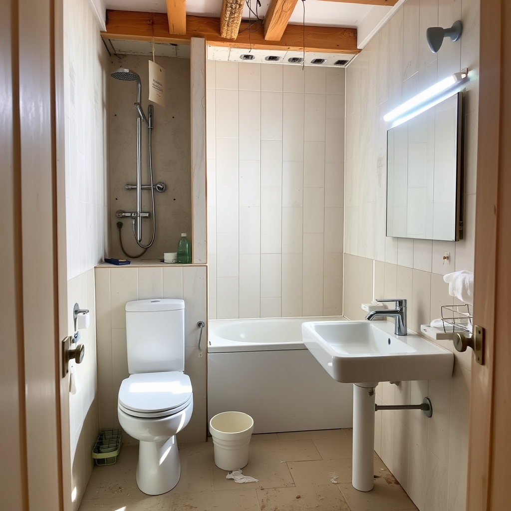 Rénovation de salle de bain en cours de pose (illustration)